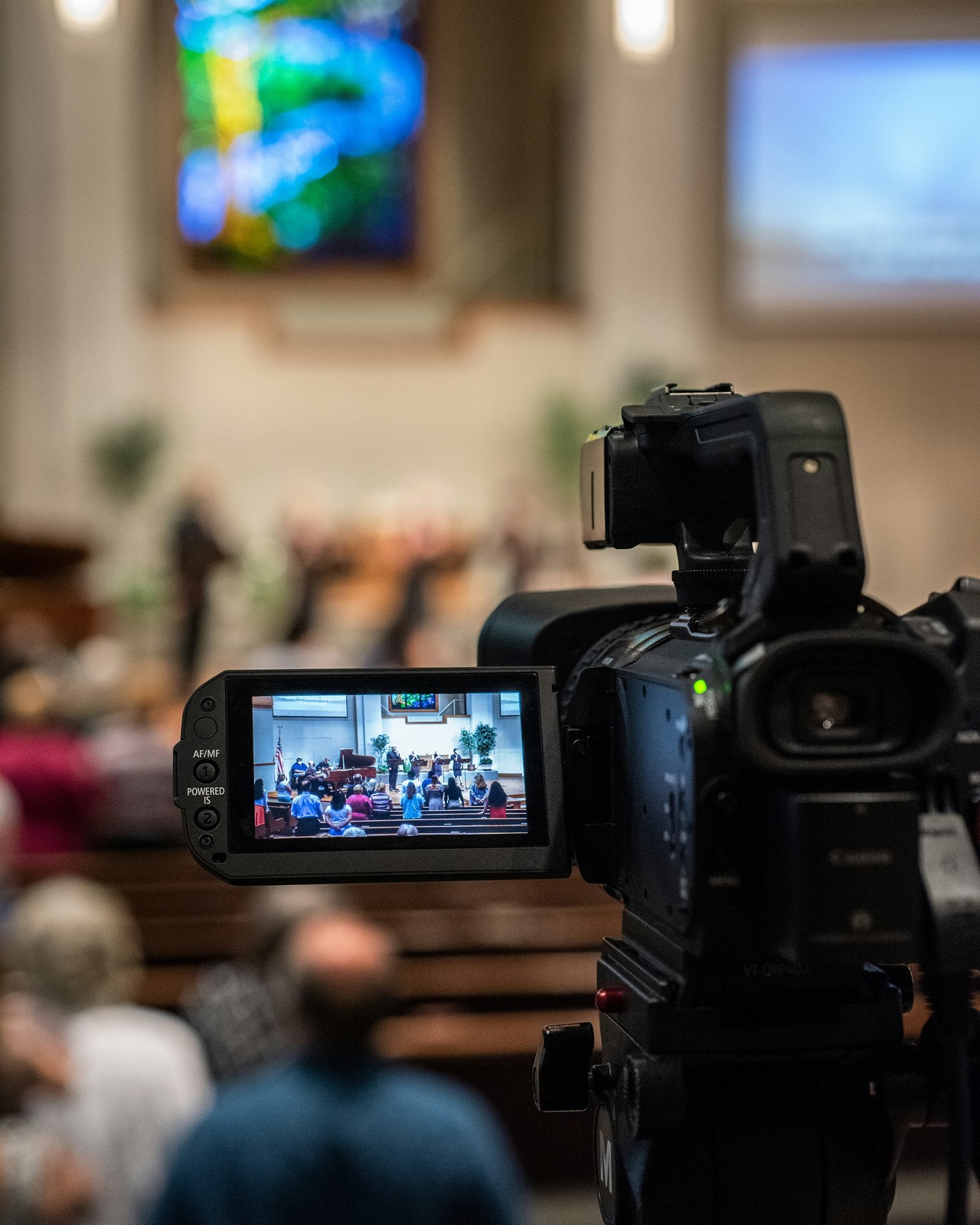 Camera prepared for a funeral service livestream